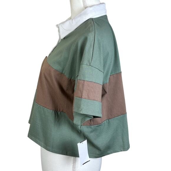 MM MM MM Top Women XL Cropped Green Sage Mocha ColorBlock Collared Tee Dillards - Picture 4 of 10